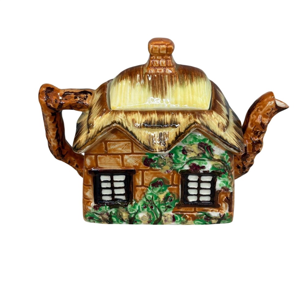 Occupied Japan Cottage House Teapot Vintage Ceramic Thatched Roof Teapot 1945-52